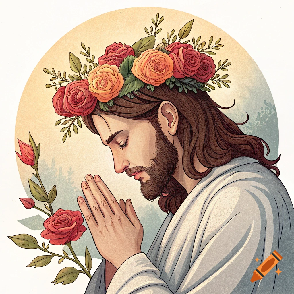 Jesus With Roses Portrait of Jesus with closed eyes, surrounded by large pink roses and ...