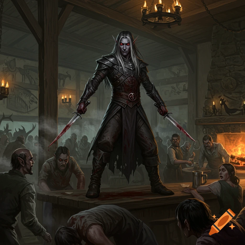 A Drow elf with bloody daggers sits on a bar in a tavern, surrounded by figures.