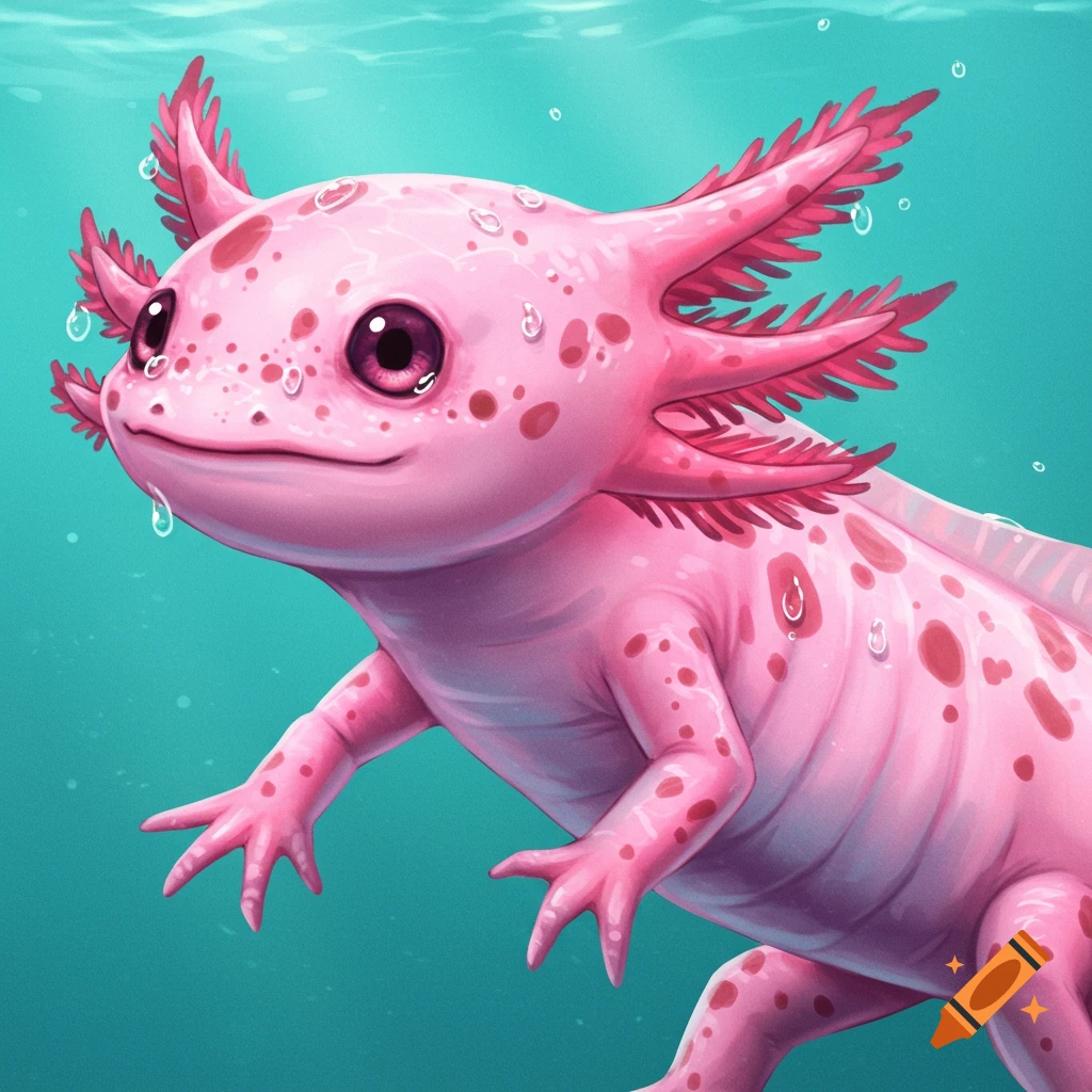 A pink axolotl with red spots swimming underwater.