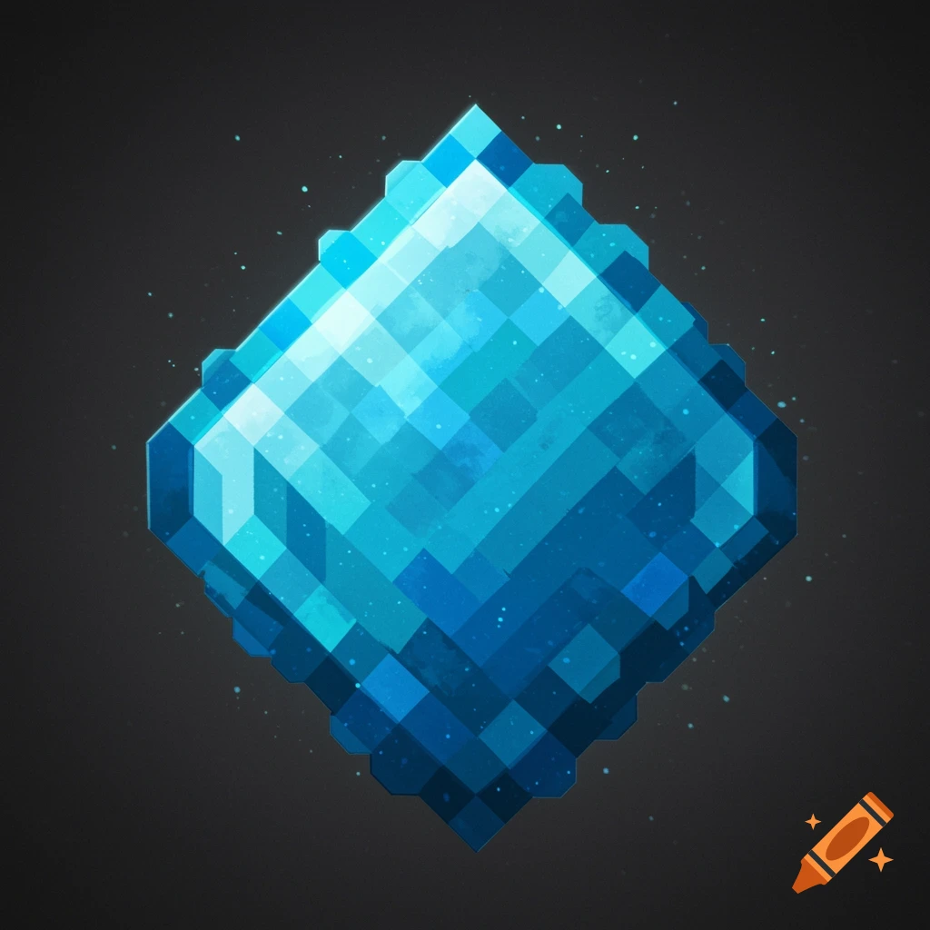 A pixelated bright blue diamond shape on a dark background.