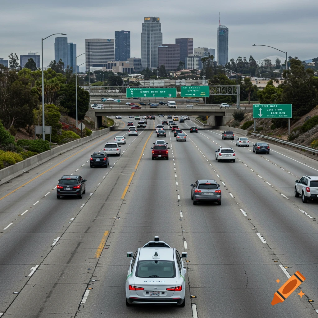 A photorealistic view of a busy freeway with cars, including a Waymo car, heading towards a city skyline in the distance.