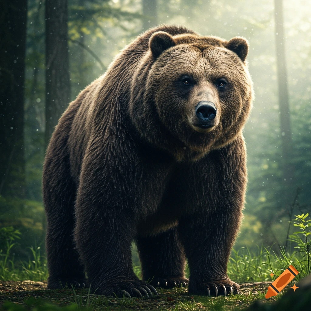 A large grizzly bear stands in a sun-dappled forest.