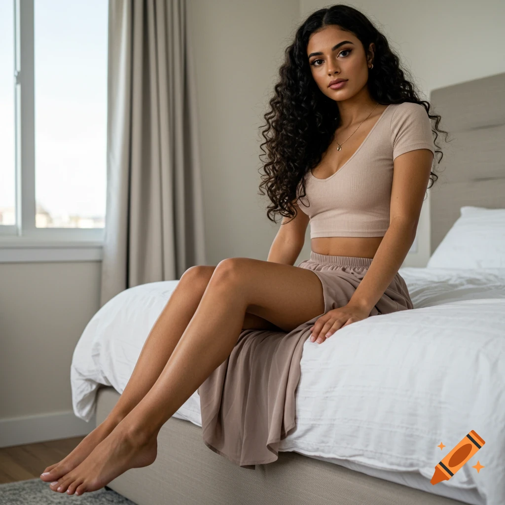 Photorealistic portrait of a woman sitting on a bed in a bedroom wearing a crop top and skirt.