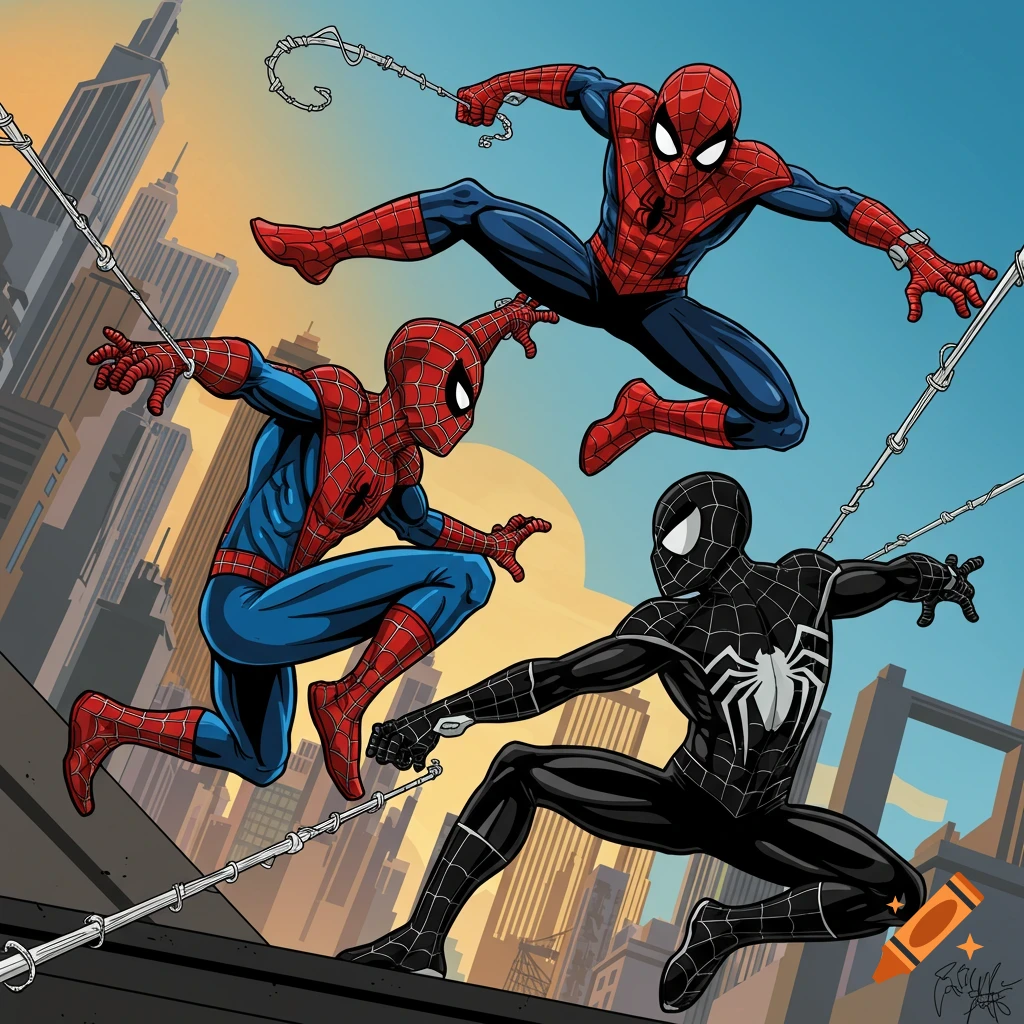 Three Spider-Men swing through city skyline, comic art style