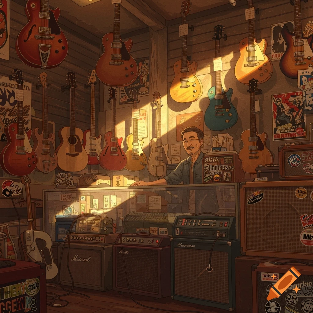 A man standing behind a counter in a guitar store filled with hanging guitars and amplifiers.