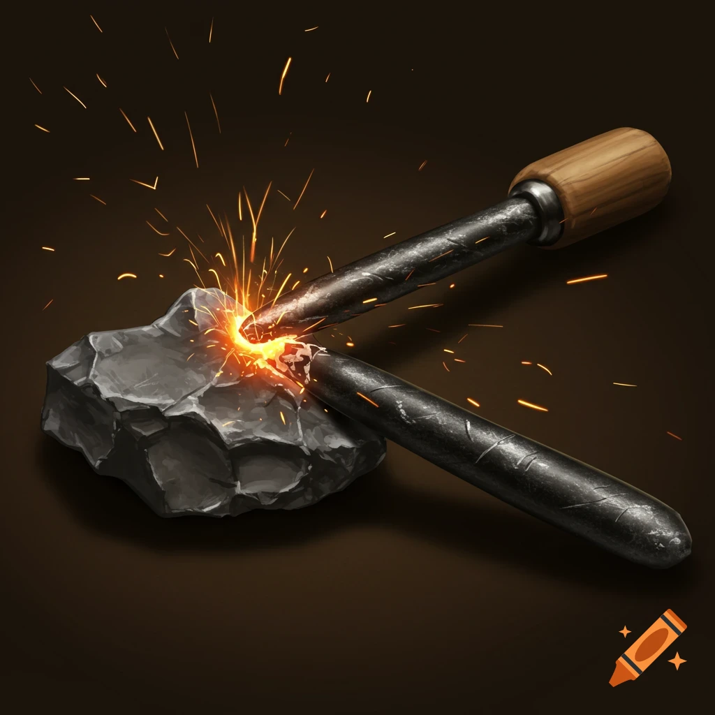 Flint striking steel to make sparks.