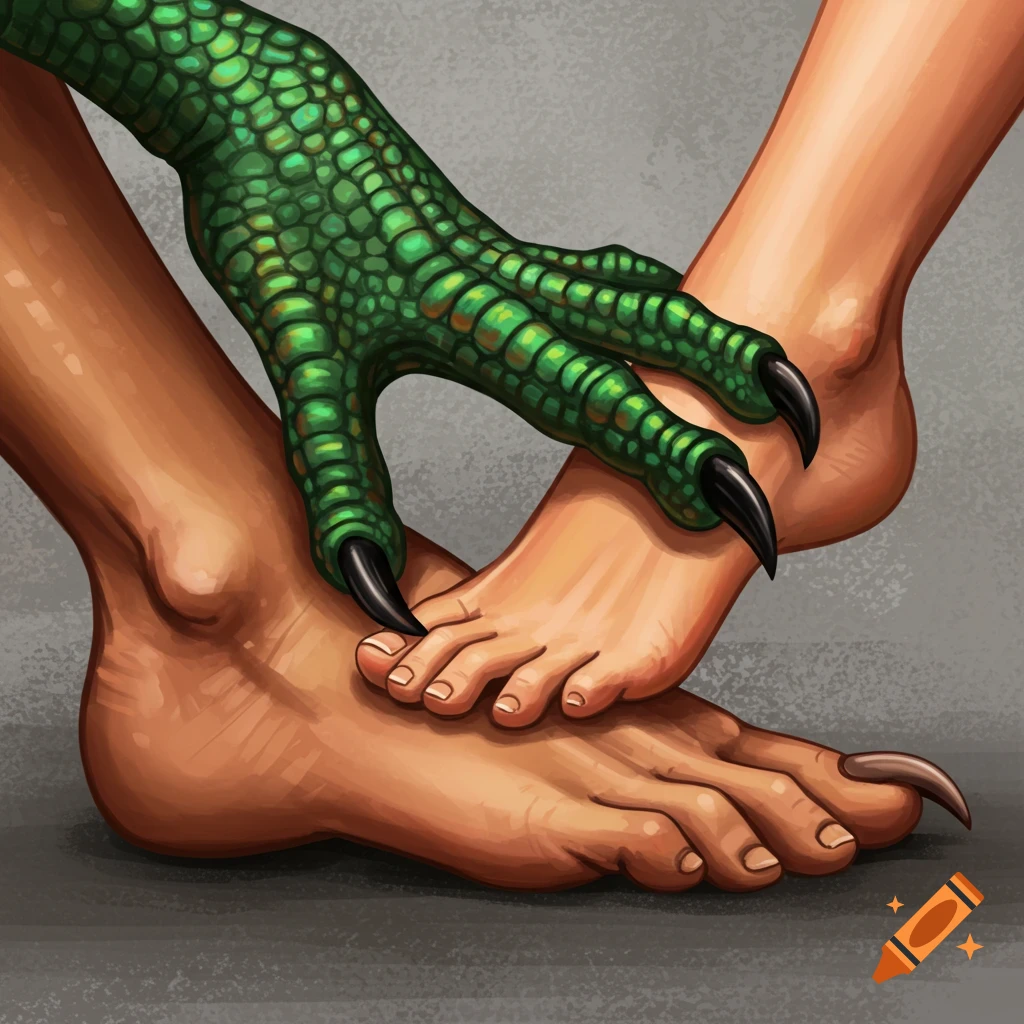 A green scaly dragon's hand is holding a human foot, with another human foot below.
