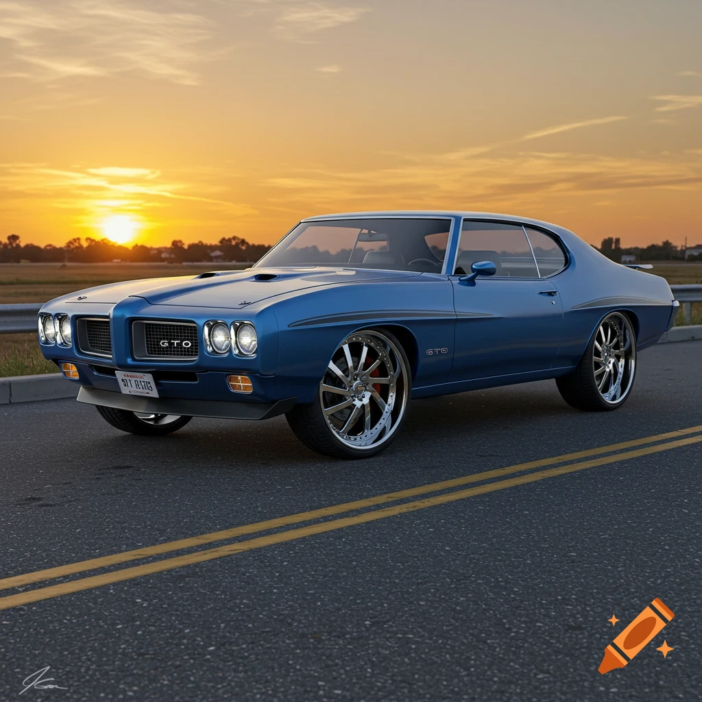 A bright blue 1970 Pontiac GTO with large chrome rims drives on a road at sunset.