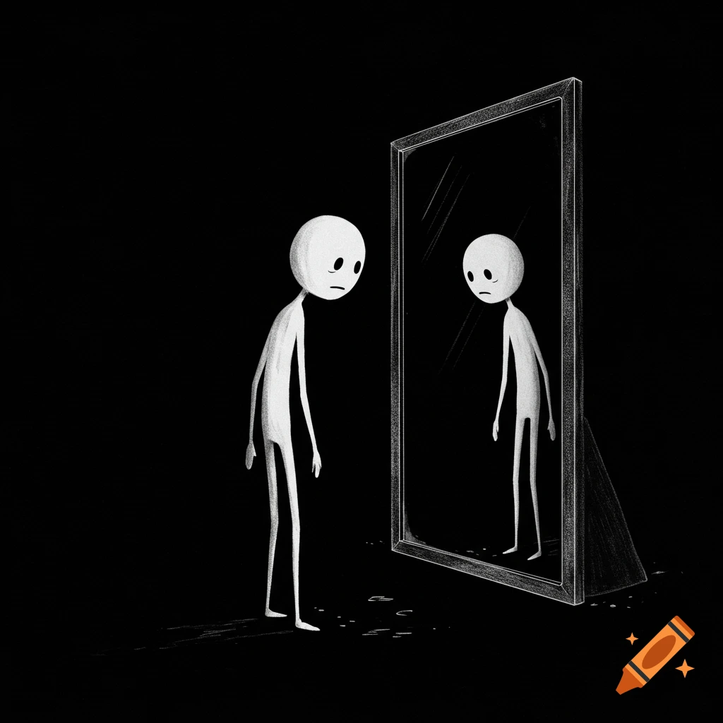 Minimalist digital illustration of a white stick figure looking sadly into a mirror.