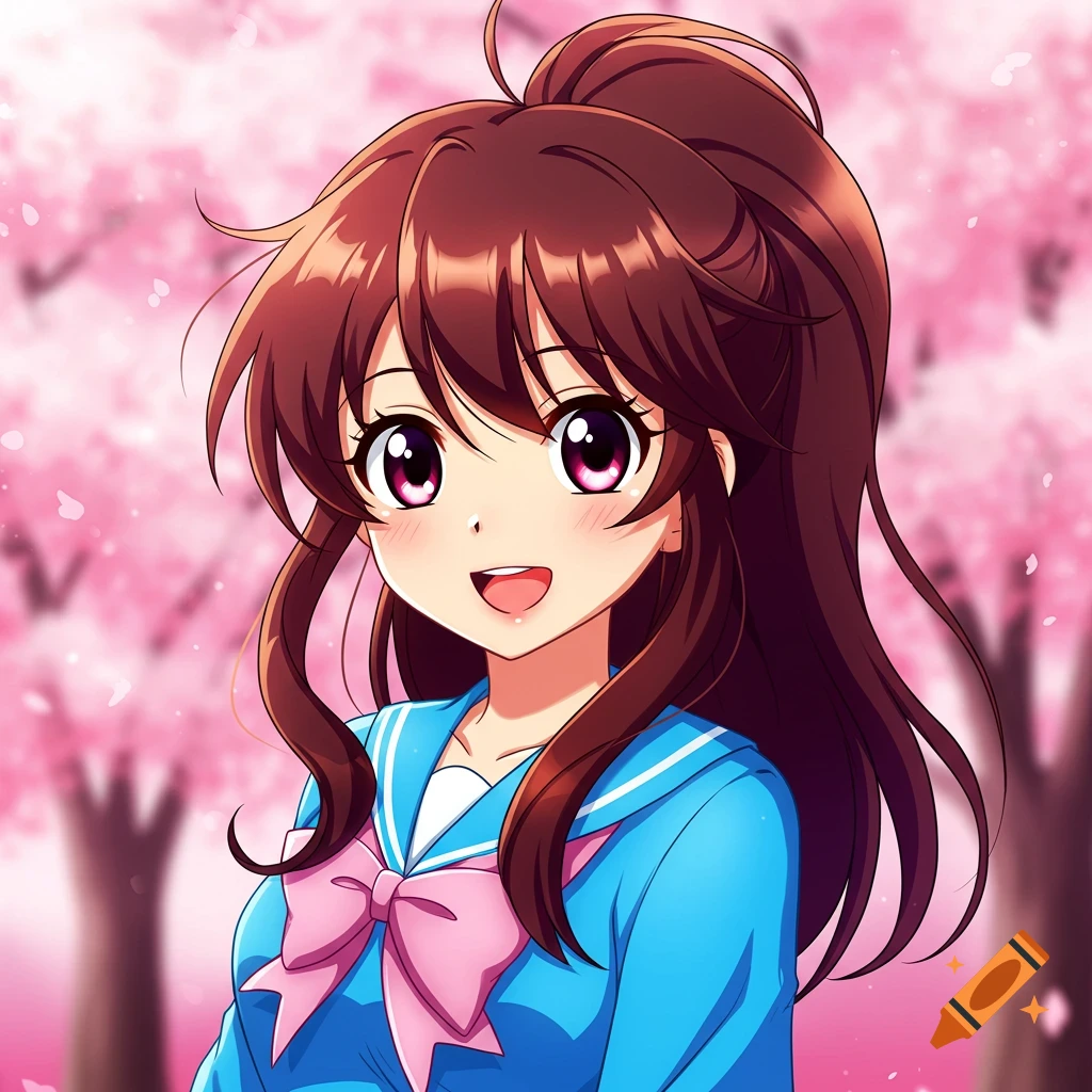 Anime girl in a blue uniform smiling among cherry blossoms