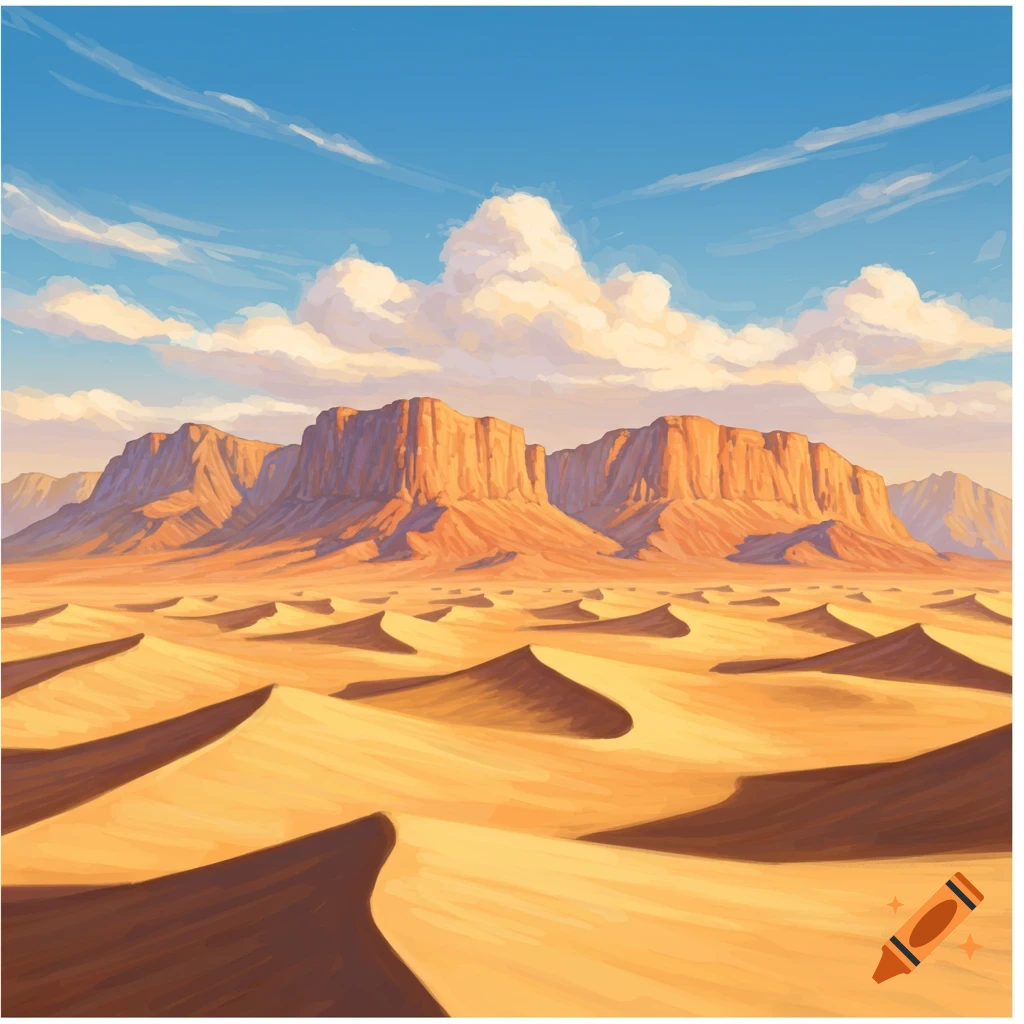 A desert landscape with golden sand dunes and mountains under a blue sky with clouds.