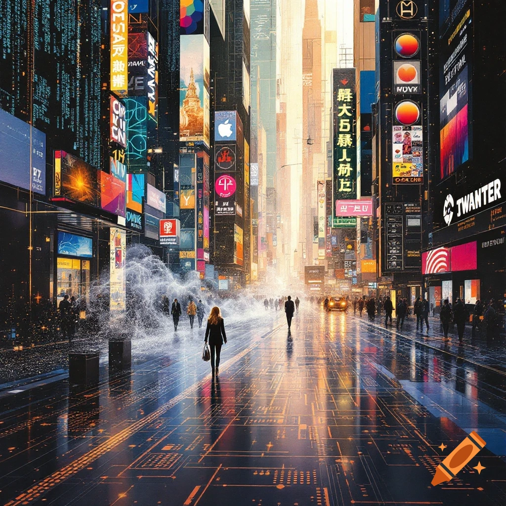 A futuristic cyberpunk city street at sunset with glowing signs and a circuit board pattern on the wet ground.