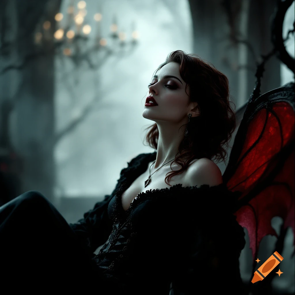 Woman with red wings in dark, gothic setting
