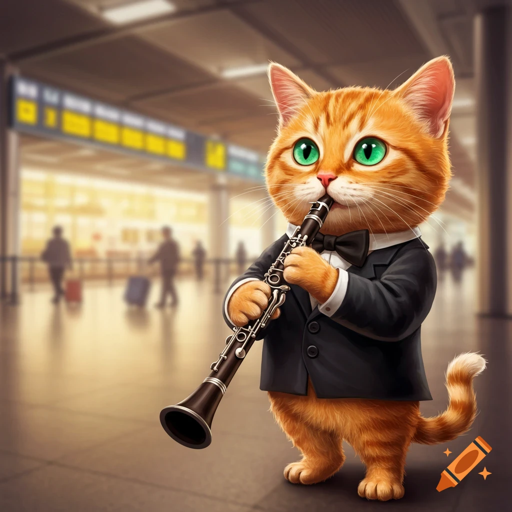 A ginger cat in a tuxedo playing a clarinet in an airport.