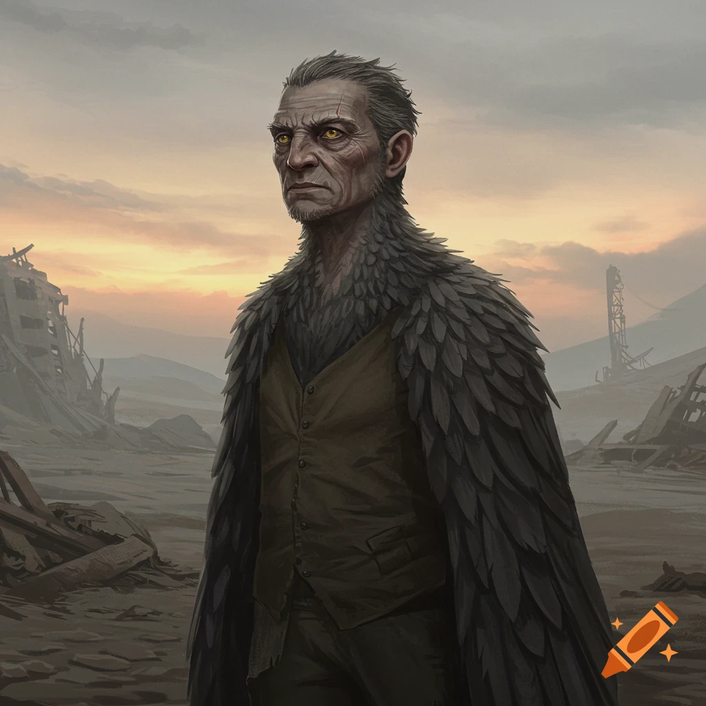 A human-bird hybrid person stands in a desolate, ruined landscape at sunset.