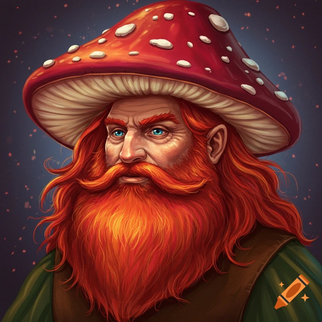 A portrait of a man with a vibrant red beard wearing a red mushroom cap hat.