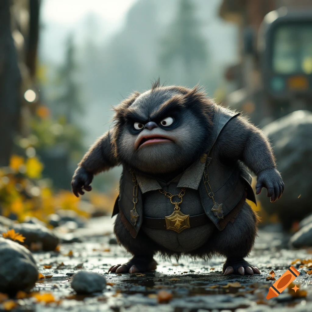 A small, furry, grumpy creature wearing a vest and chain stands on a wet street.