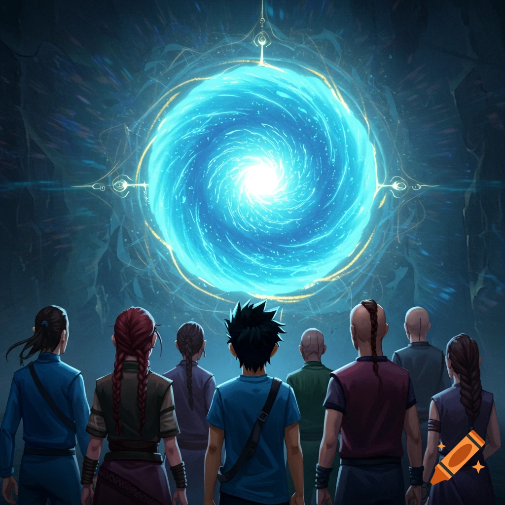 A group of people watching a swirling blue portal in a dark cave.