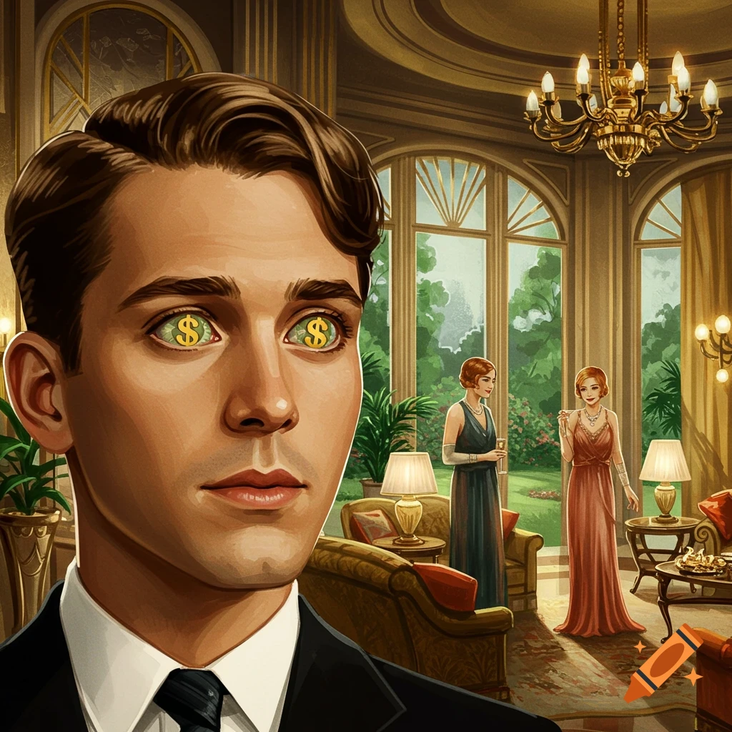 A man with dollar signs in his eyes looks forward, with two women in period dresses in a lavish room behind him.