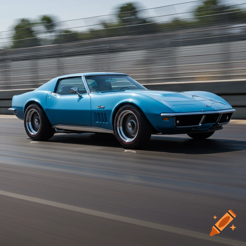 A blue 1969 Corvette speeds down a race track with motion blur.