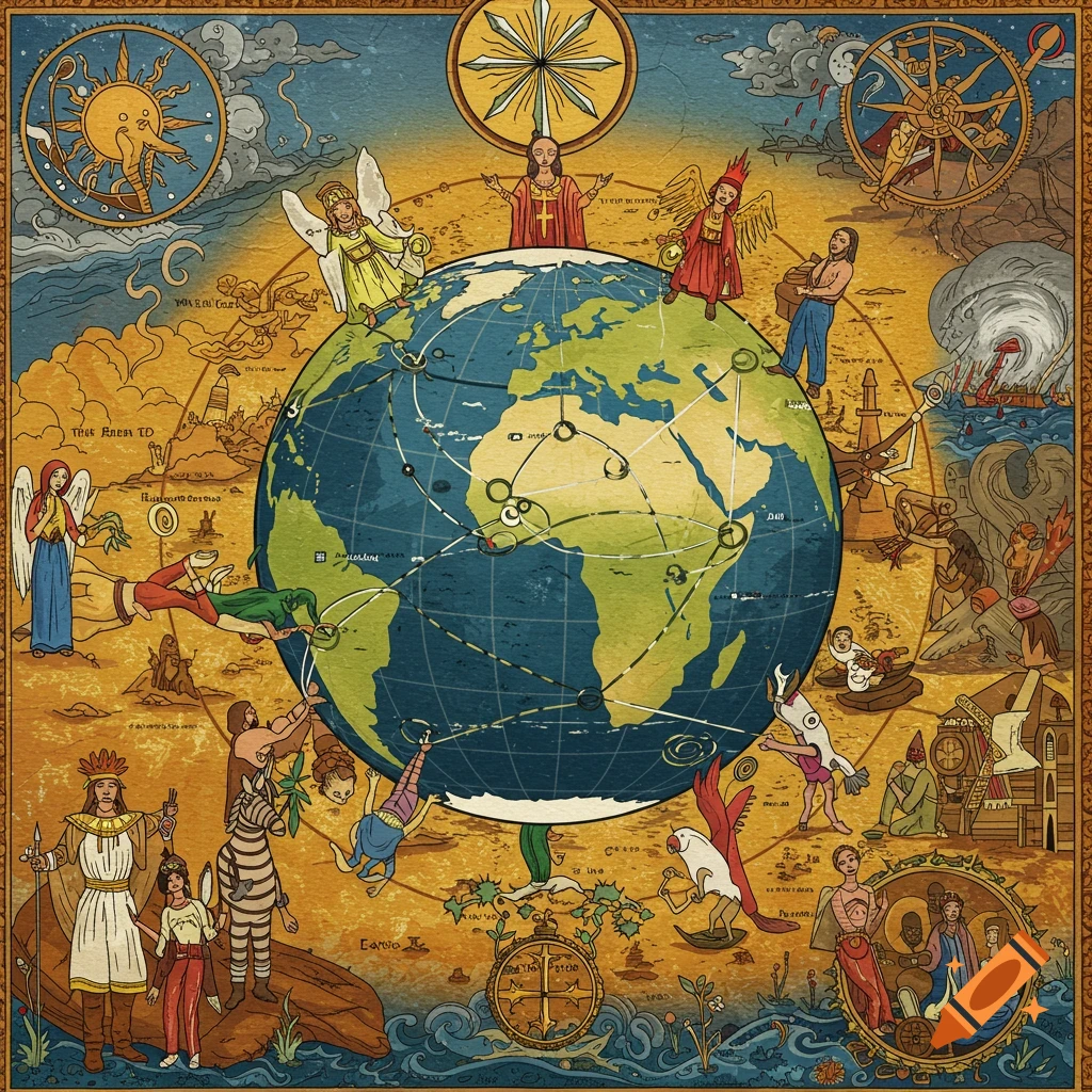 Stylized illustration of the Earth surrounded by figures, symbols, and scenes in a detailed square frame.