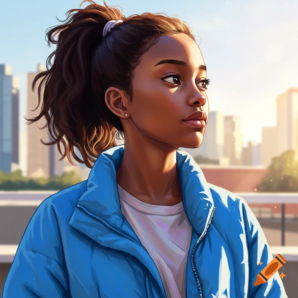 A young woman with a ponytail and blue jacket is looking away with a cityscape behind her.