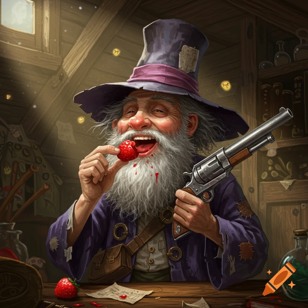 A happy wizard in a purple hat eats a strawberry, holding a gun in a cluttered workshop.