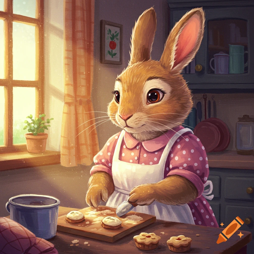 Anthropomorphic rabbit in an apron bakes pastries in a kitchen.