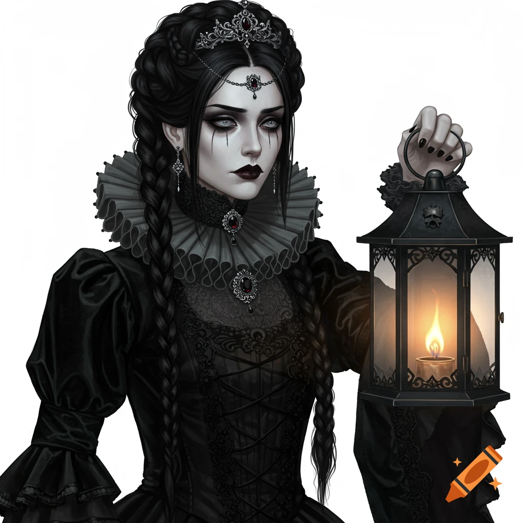 a gothic queen holding a lit lantern on a white background.