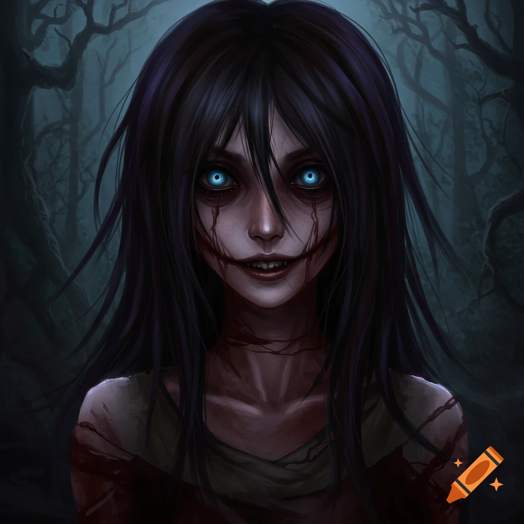 A creepy figure with glowing blue eyes, cut smile, and blood streaks is in a dark forest.