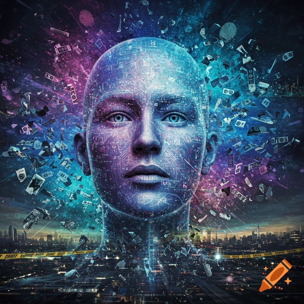 A head with circuit patterns, surrounded by swirling debris and lights over a city skyline.