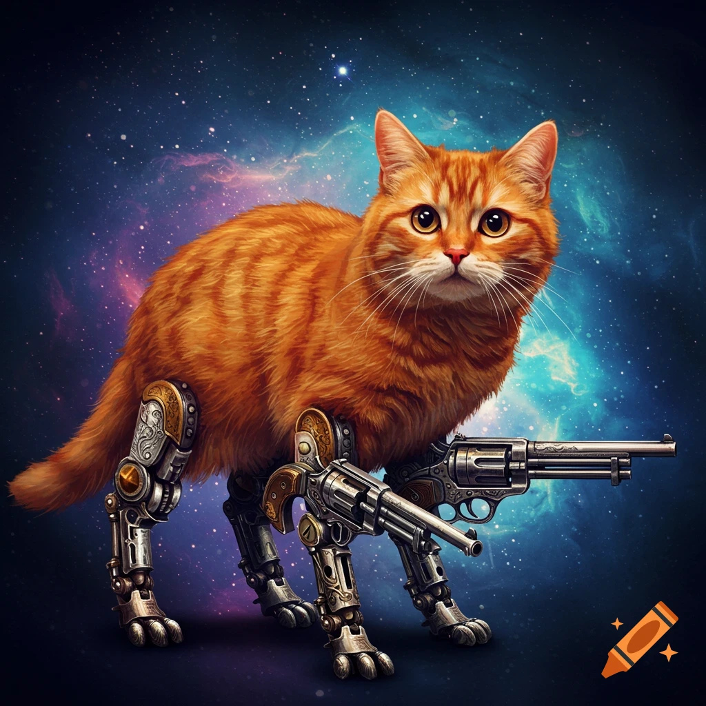 Orange tabby cat on steampunk mechanical gun legs in space.