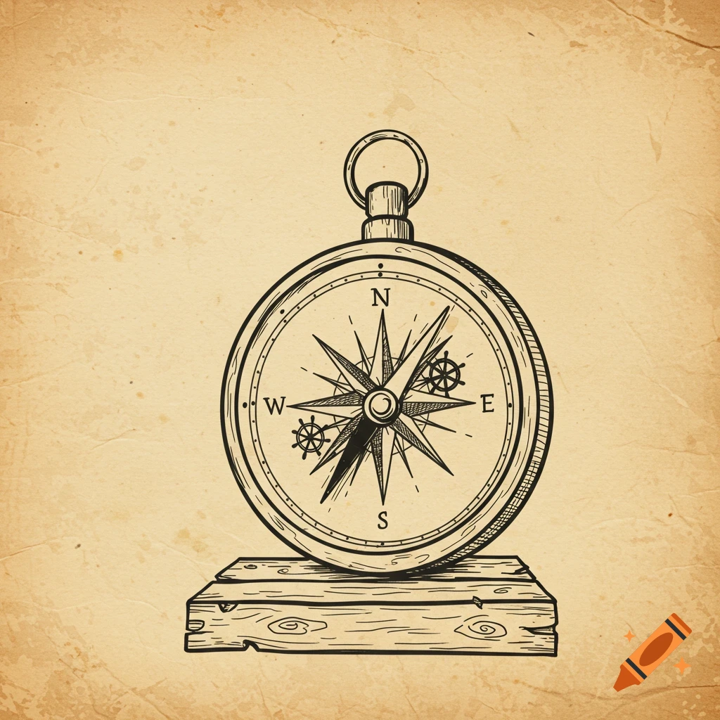 An illustration of a compass on a wooden stand in a sketch style on textured paper.