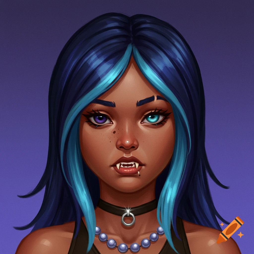 Portrait of a woman with dark skin, blue and purple eyes, fangs, dark hair with blue streaks, a choker, and a pearl necklace.