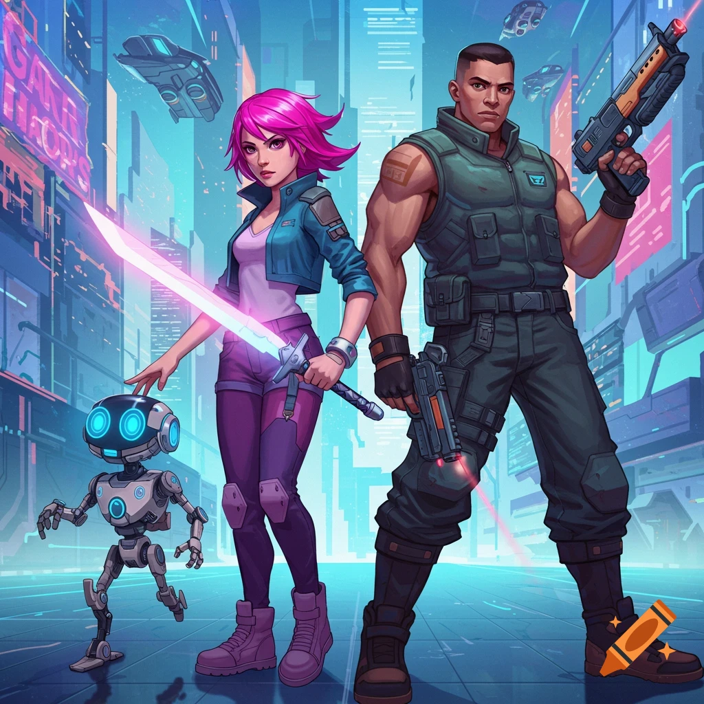 Two cyberpunk characters and a robot in a futuristic city, one with an energy sword, the other with a laser gun.