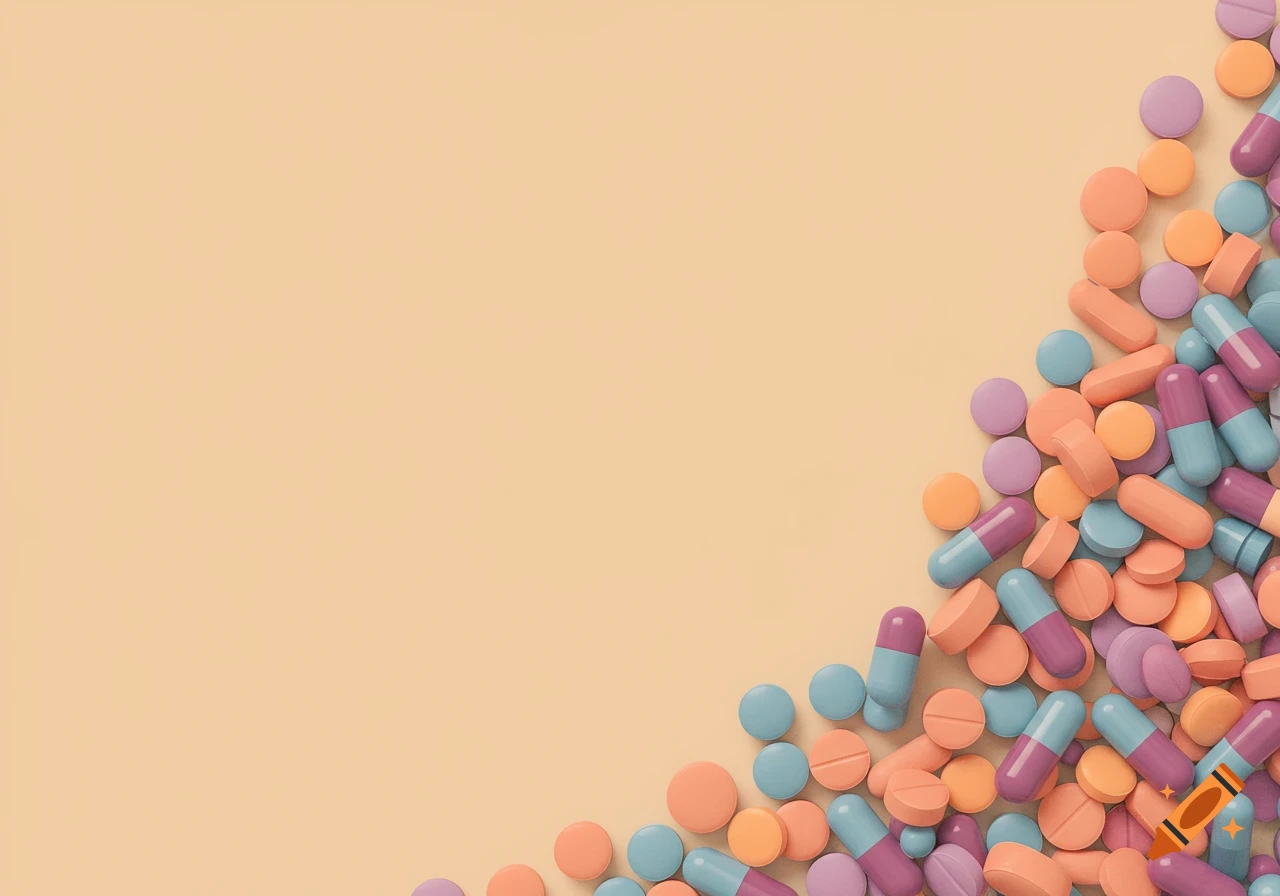 A pile of pastel colored pills and capsules on a beige background.
