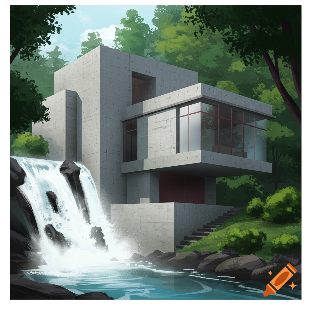 A concrete house next to a waterfall in a forest.