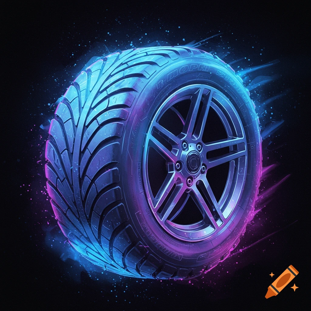 A tire with glowing blue and pink effects