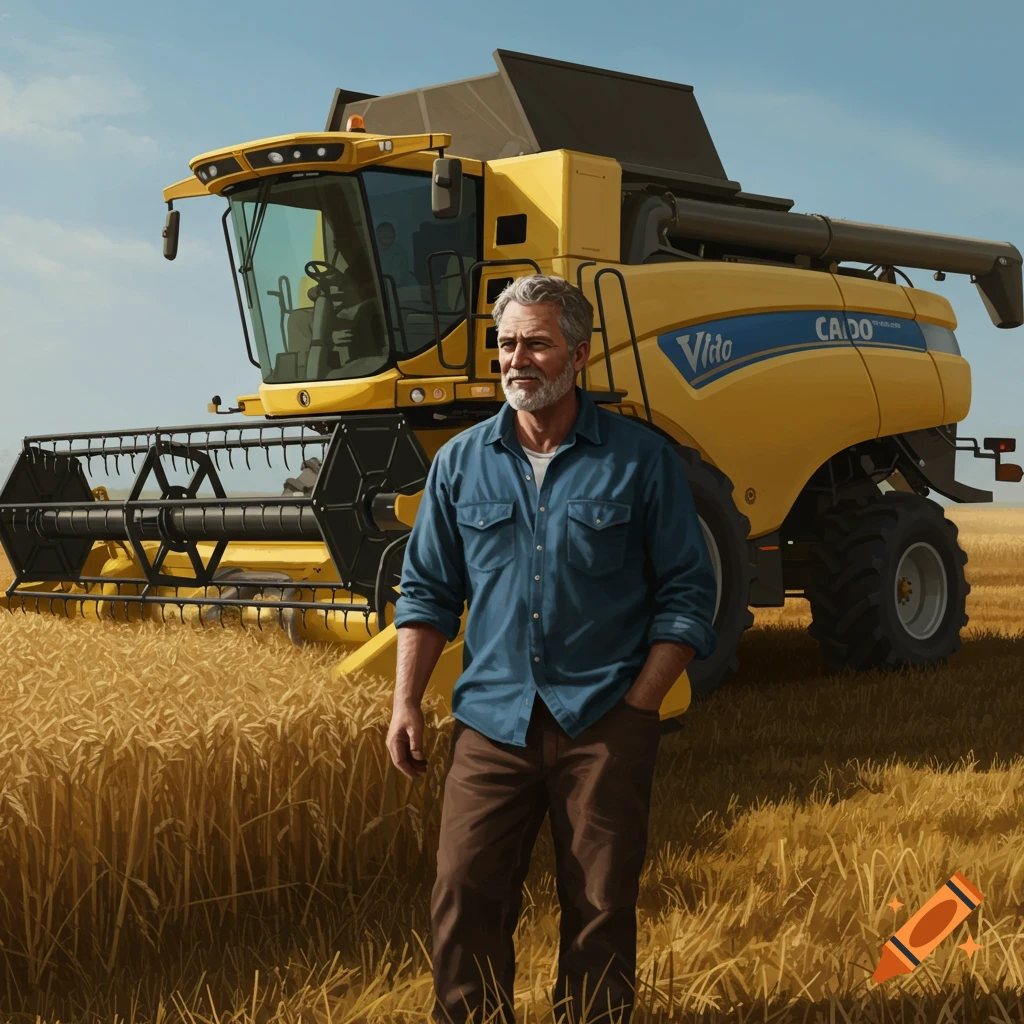 A farmer in a field with a combine harvester.