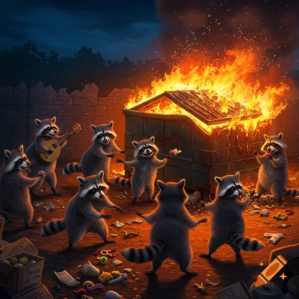 Raccoons play music and dance around a burning dumpster at night.