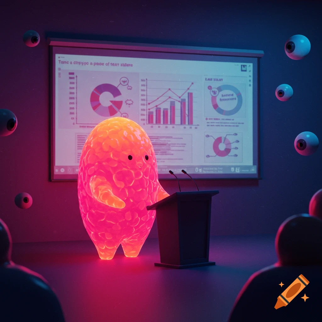 Glowing creature gives a presentation with charts and floating eyeballs