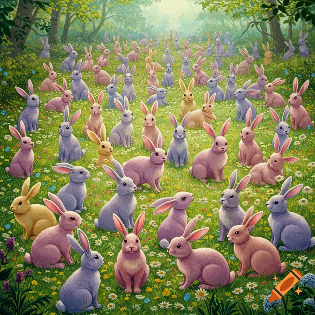 Many rabbits sitting in a grassy field with flowers and trees.