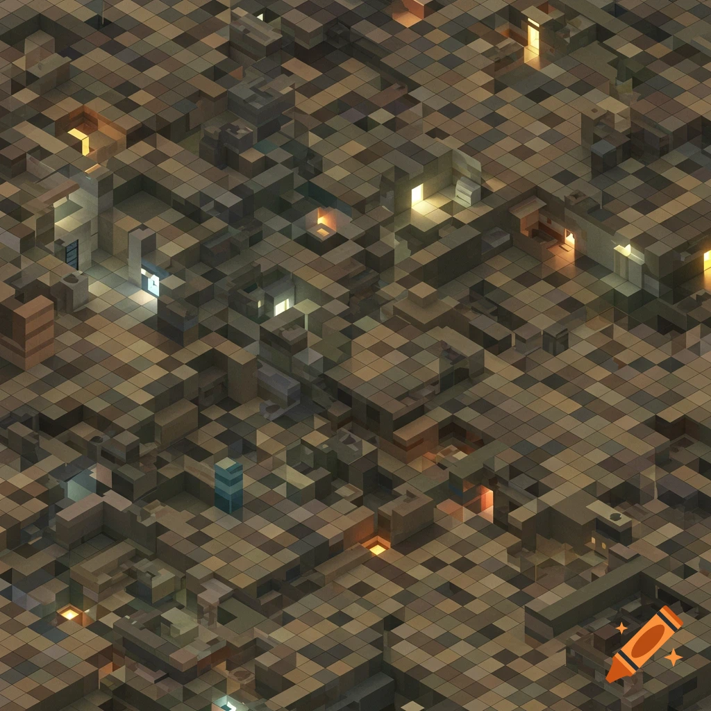 An isometric view of a pixelated, blocky maze or structure with glowing light sources within.
