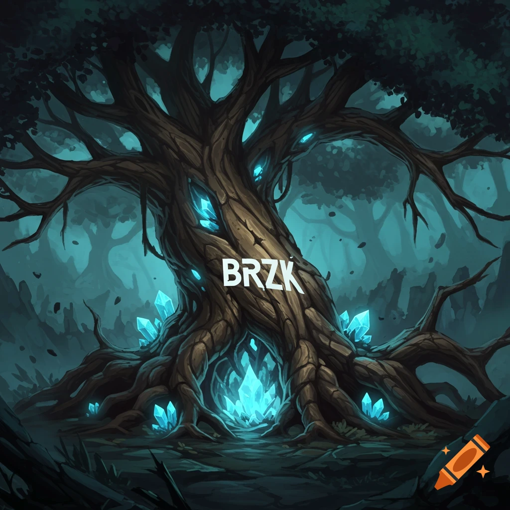 A dark fantasy image of an ancient tree with glowing blue crystals and "BRZK" on the trunk.