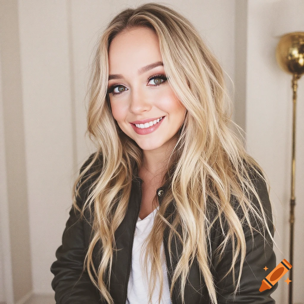 Photorealistic portrait of a smiling young woman with blonde hair.