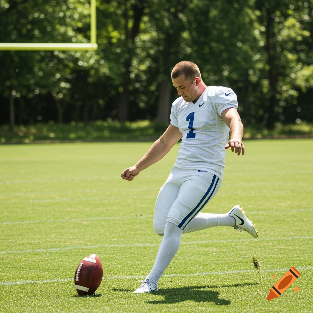 An American football player in a white uniform kicks a football on a sunny field.