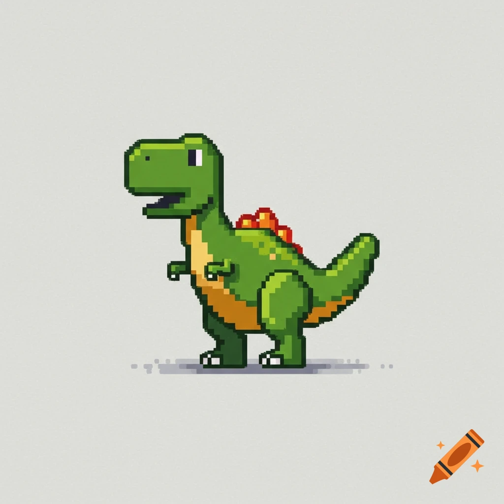 A pixel art green dinosaur on a grey background