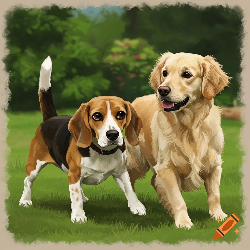 A Beagle and a cream Golden Retriever standing on grass.