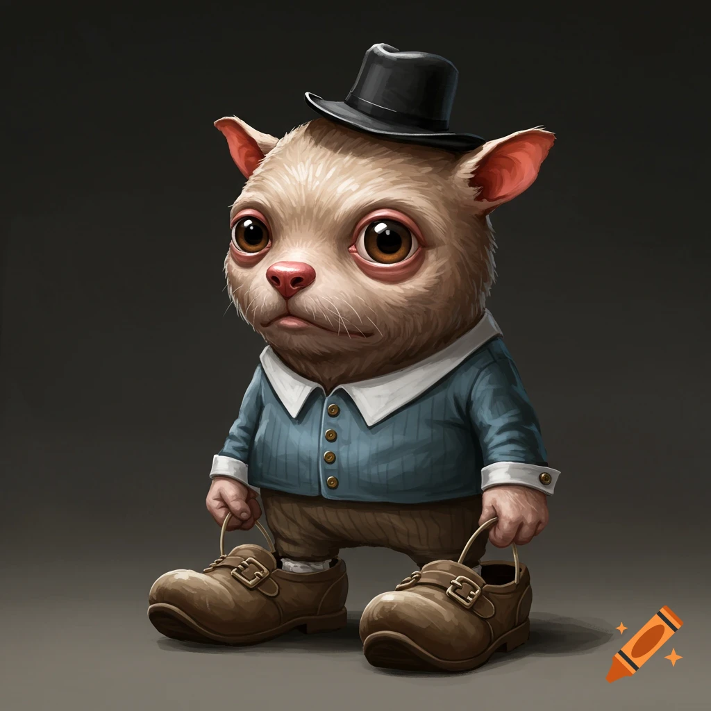a creature in a hat and clothes holding large shoes.