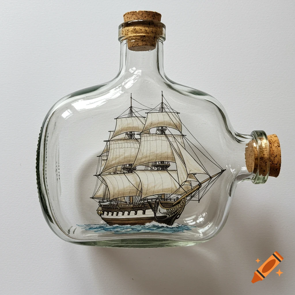 Drawing of a detailed sailing ship inside a glass bottle with a cork.